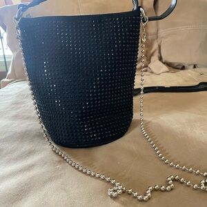 Black Sequin Bucket Crossbody with Silver Beaded Chain